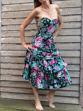 Vintage Strapless Floral Dress - Garden Party Dress - Drop Waist Dress